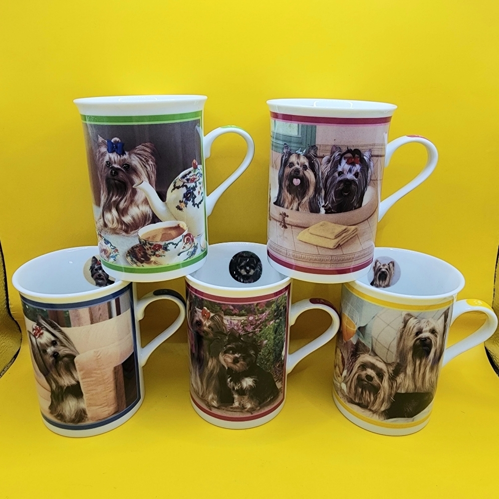 5 Danbury Mint Elegant Yorkies Porcelain Collector Mugs Lot - Great Condition